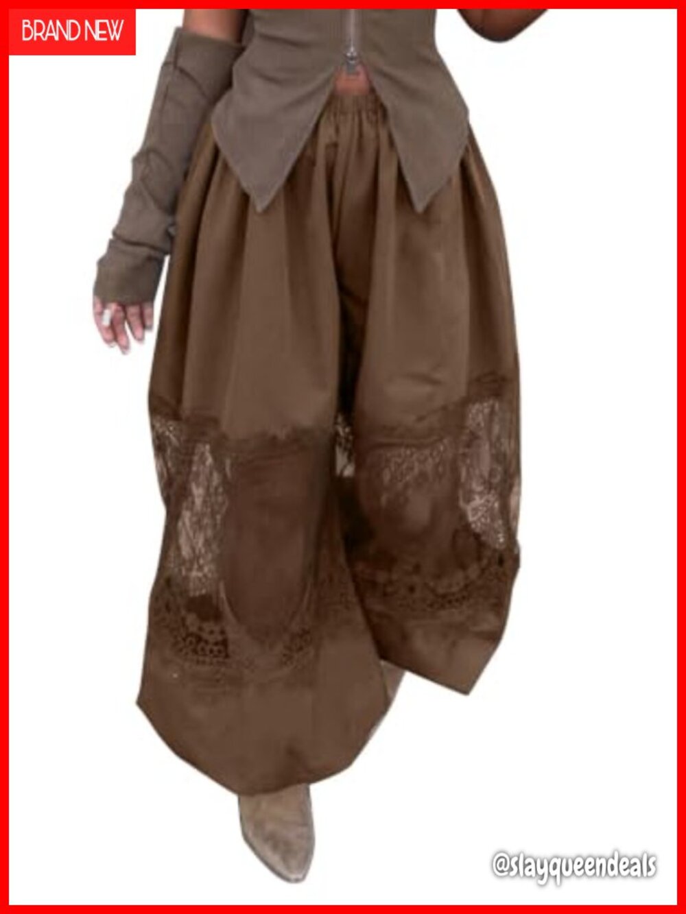 Wide Leg Palazzo Pants Sheer Lace Panel Flowy Trousers